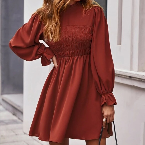 Dresses & Skirts - Ruffle Neck Shirred Front Flounce Sleeve A-Line Dress
